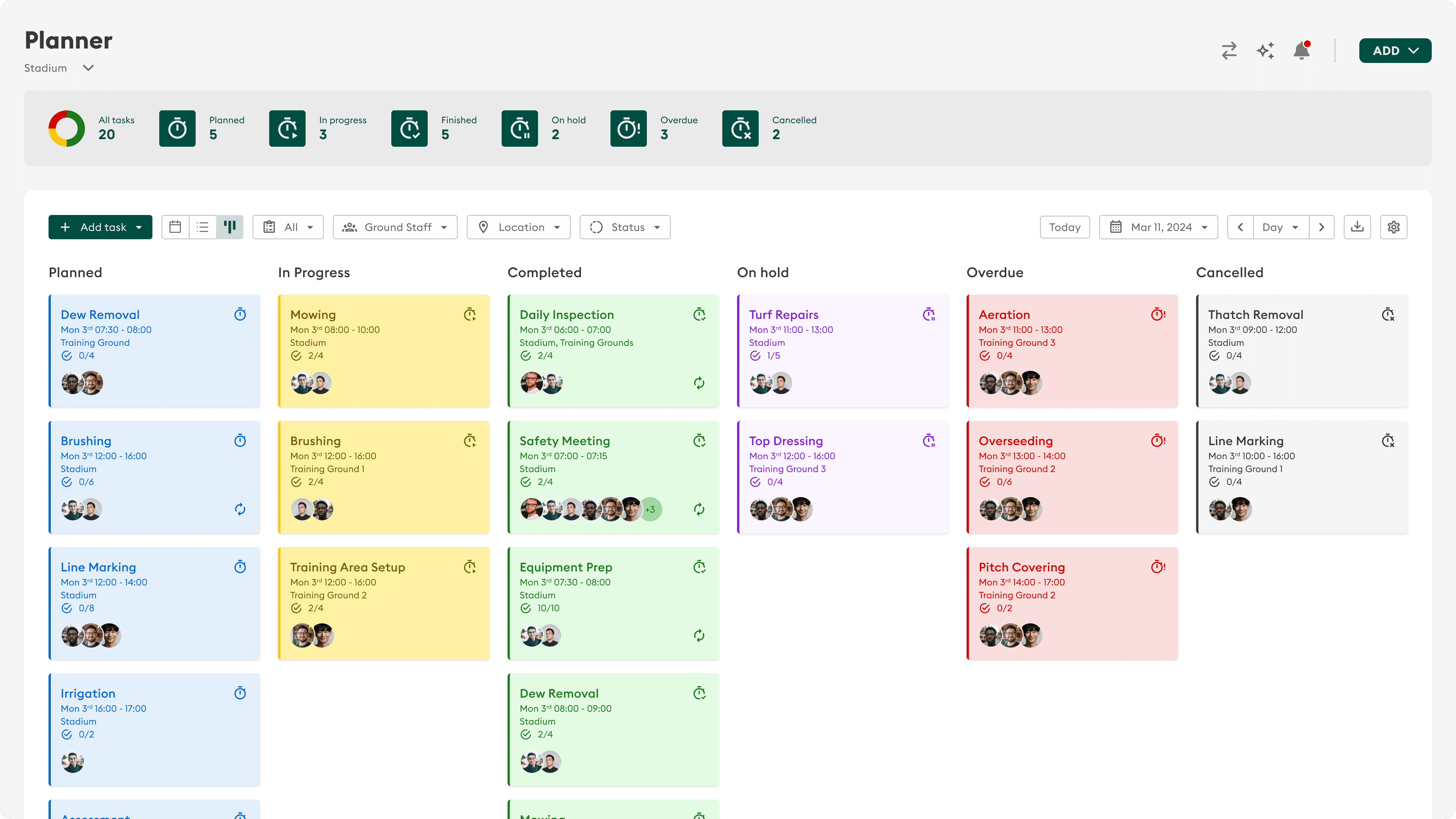 Year, week, and day planner views in Turfpal